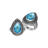 Sterling Silver Pear Shape Blue Topaz Quartz Ring With Balinese Carved Band For Women